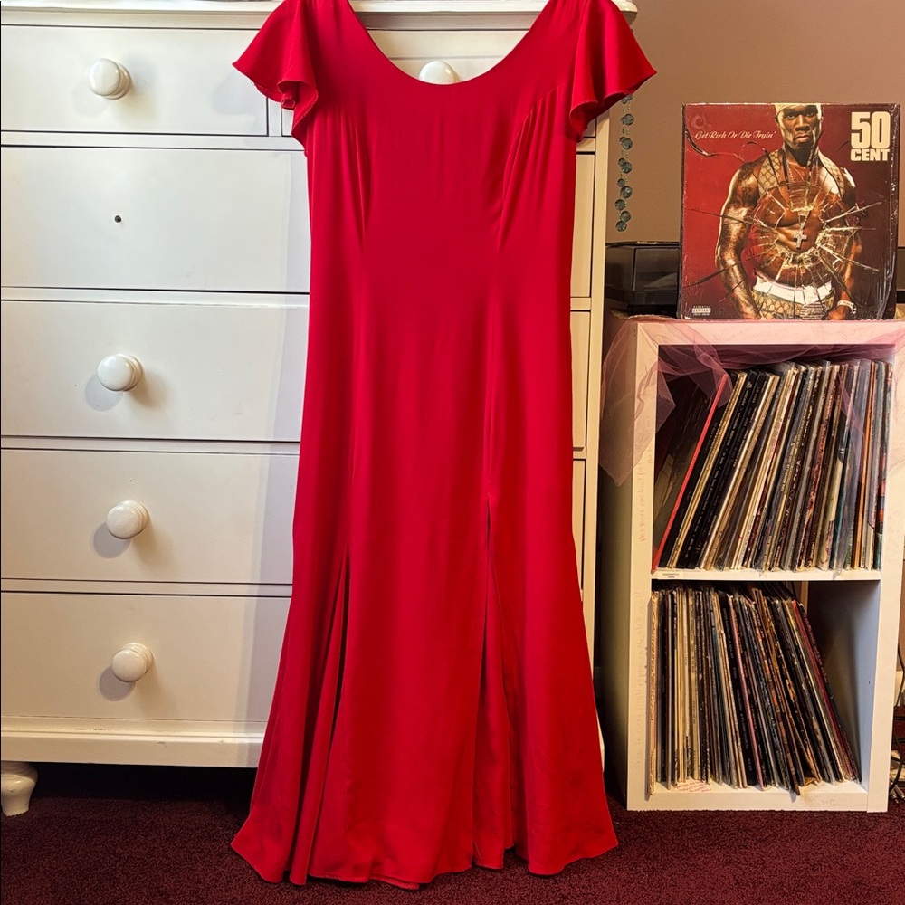 Vintage Y2K Nina Maluda Long Maxi Dress Red Betsey Johnson Sexy Slit Pleated S M